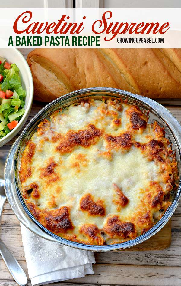 A baked pasta recipe is an easy dinner that's also filling and delicious. Cavetini supreme is packed with pasta shapes, meat, veggies mixed in pasta sauce and baked with cheese on top. Serve with a salad for a delicious family meal!