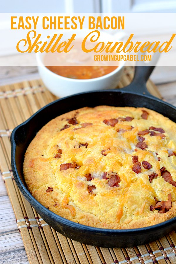 Kick up cornbread with cheese and bacon in this easy cornbread recipe made in a skillet! A boxed mix is used to make a quick and easy side dish. 