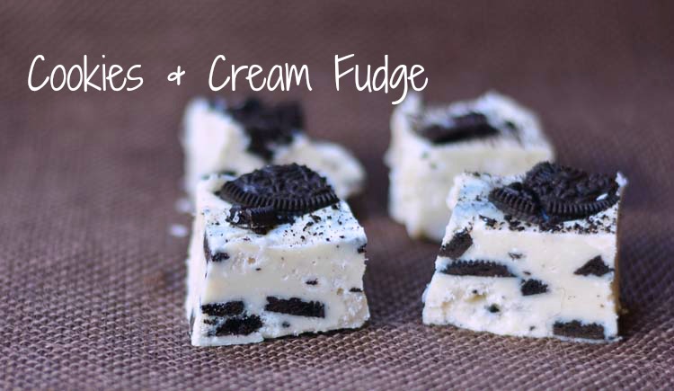 Small pieces of prepared cookies and cream fudge sitting on a cloth surface