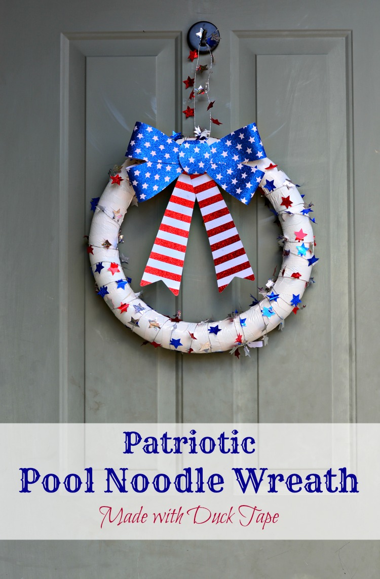 Make a red white and blue patriotic wreath for your front door using just a pool noodle, Duck Tape and dollar store decorations. Follow our easy tutorial for a quick and easy summer craft. 