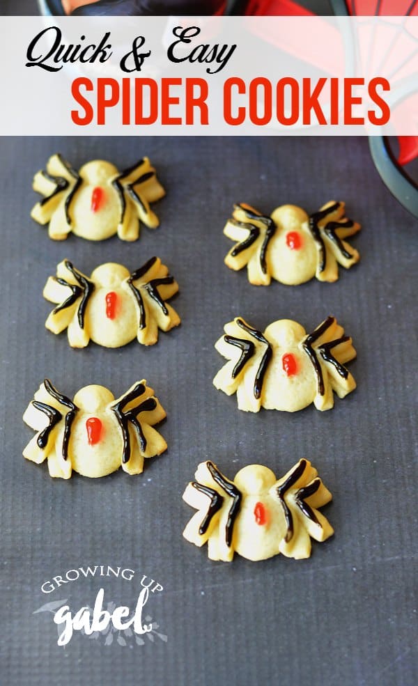 Make quick and easy decorated itsy bitsy spider cookies with a sugar cookie dough and a cookie press! Perfect for Halloween, Spiderman, Black Widow or other superheroes. 