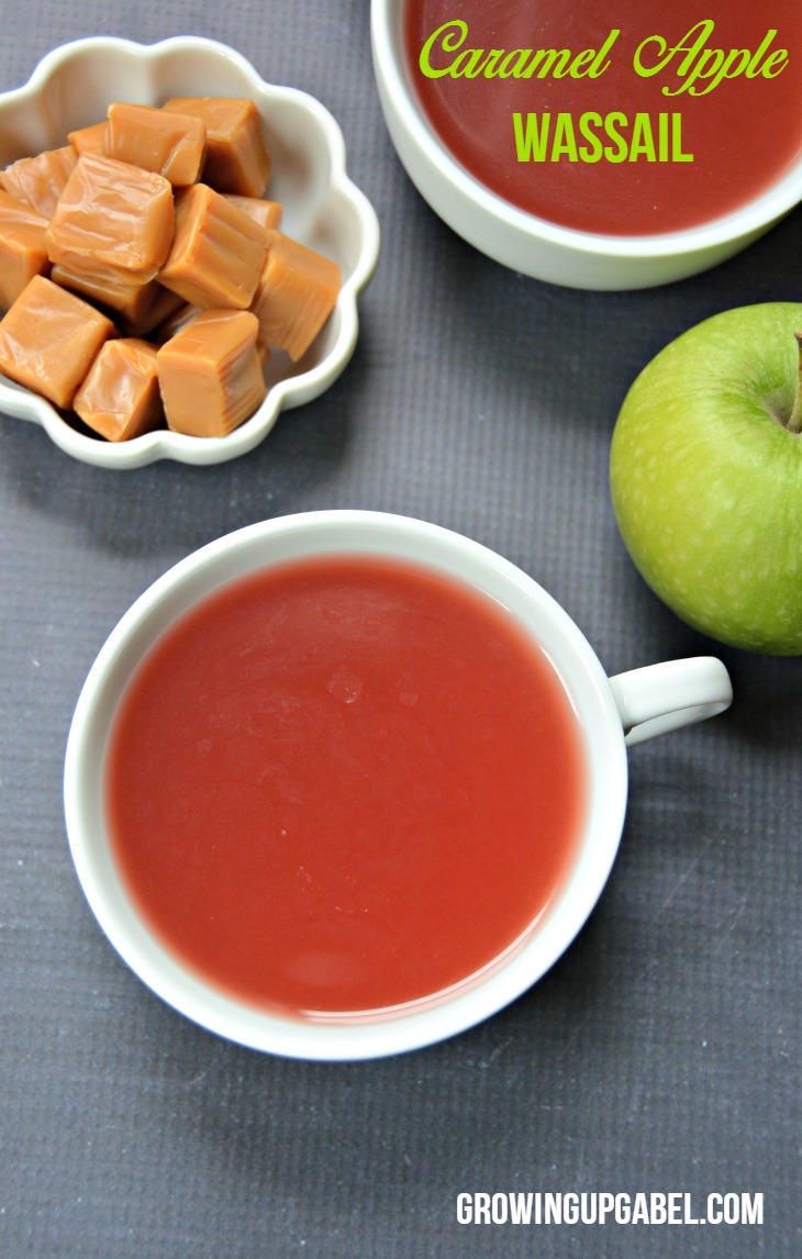 Caramel apple wassail is a fun punch made with cranberry juice, orange juice, and apple cider. Spike the punch with caramel vodka alcohol if desired. 