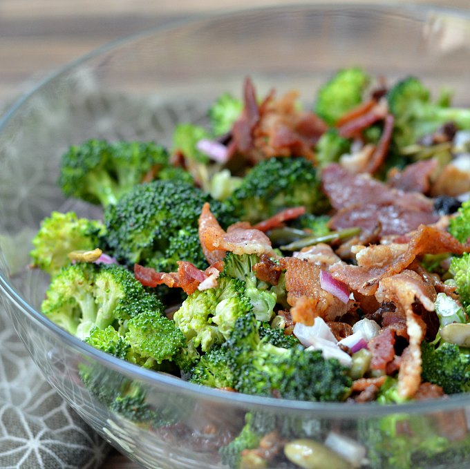 Broccoli Salad Recipe with Bacon, Pumpkin Seeds, and Dried Cherries