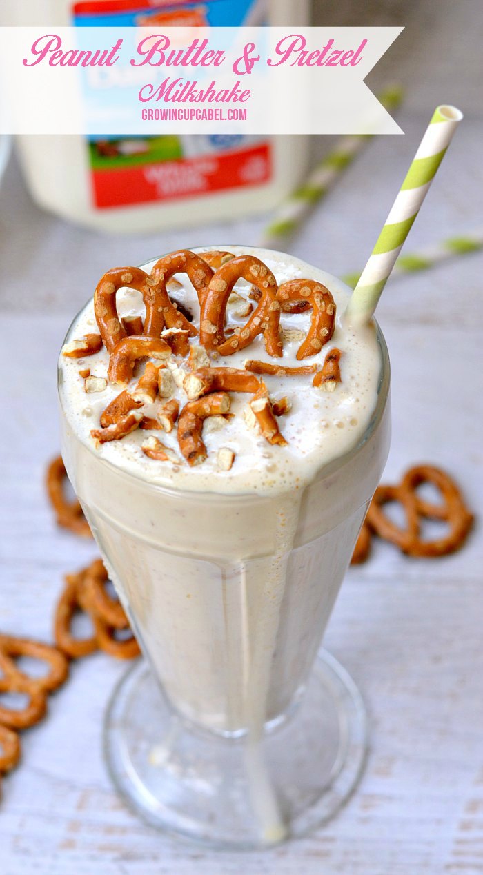 This easy homemade peanut butter milkshake recipe has a fun twist that makes it the best - pretzels! This simple recipe only needs 4 ingredients!