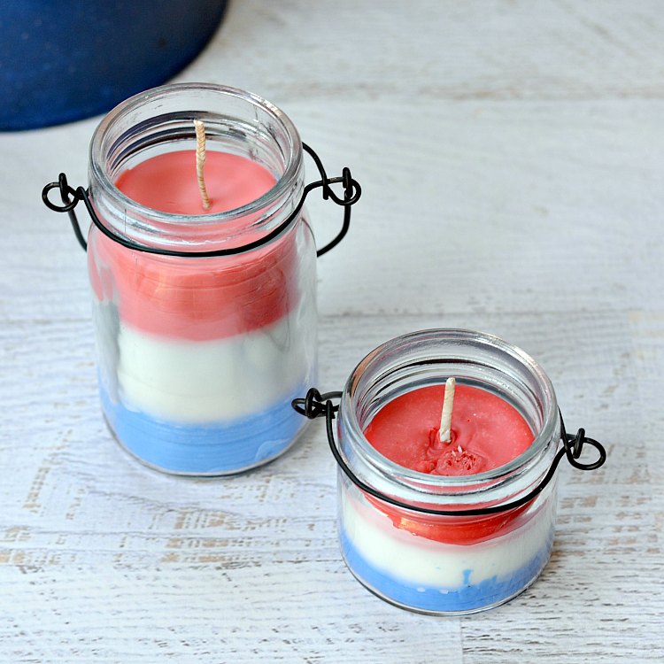 This is a homemade candle that is red white and blue unscented!