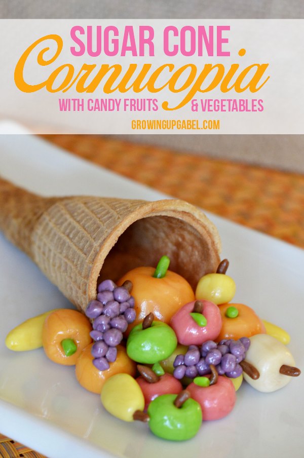 A fun and easy Thanksgiving treat to make for kids and adults! Turn candy in to mini fruits and vegetables and then fill a sugar cone cornucopia. Perfect for Thanksgiving!