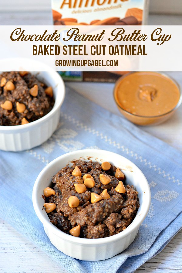 Chocolate and Peanut Butter Baked Oatmeal with almond milk is a healthy breakfast recipe for busy mornings. Plus it's gluten free! 