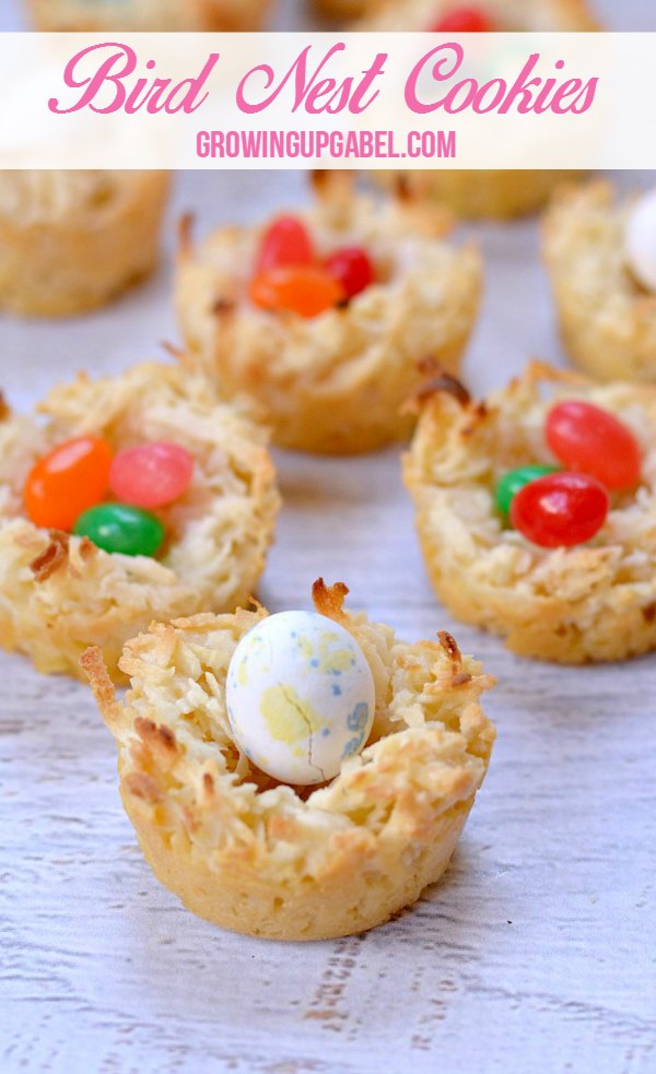 Bird nest cookies made with coconut macaroon recipe are the cutest Easter treats! These minis are filled with jelly beans or chocolate Cadbury eggs for a simple spring cookie. 