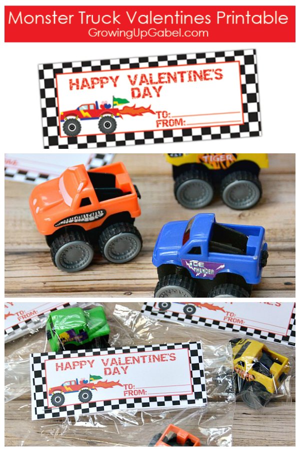 Need a Valentines for boys? Check out these monster truck Valentine's Day printables! Use with tiny monster trucks for the dollar store a fun non-candy Valentine!