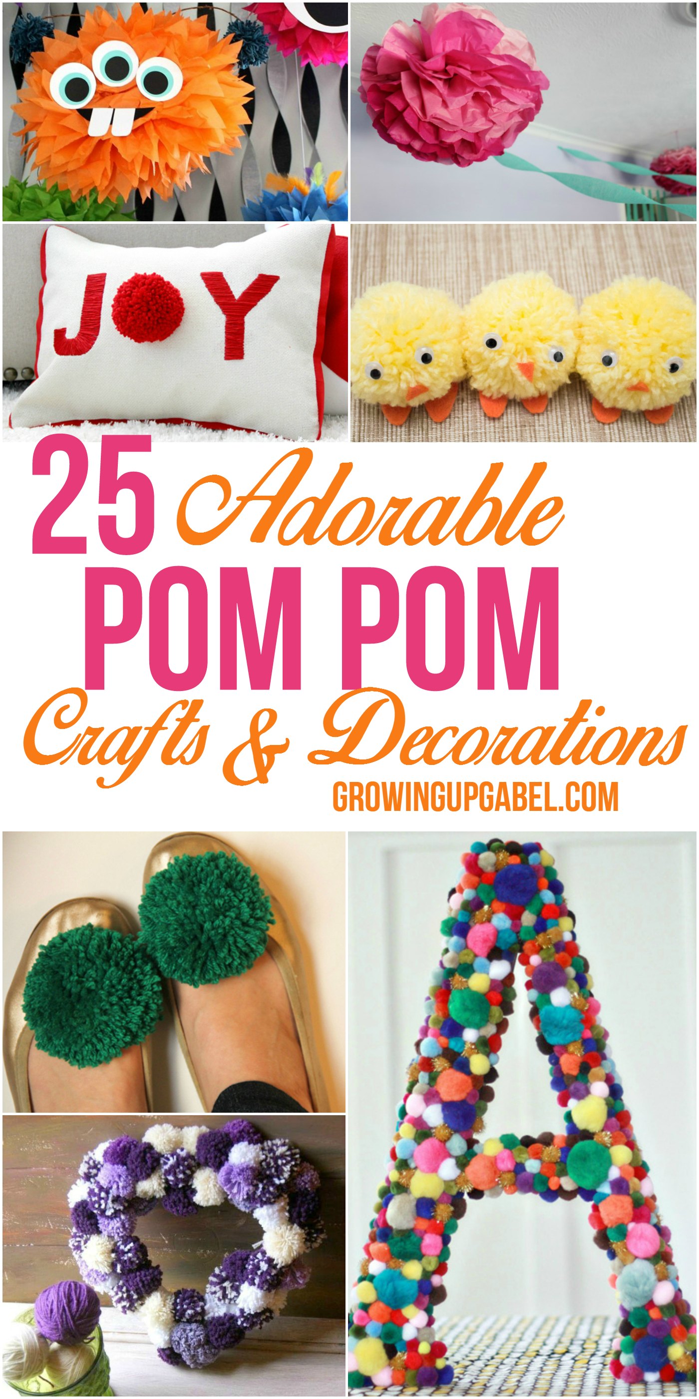 Pom pom crafts and decorations are easy and fun to make! Make pom pom crafts using yarn pom poms, paper pom poms and even dollar store pom poms.