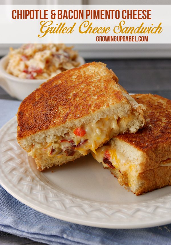 Pimento cheese spread made with bacon and Chipotle peppers is spread between slices of thick bread to create a gourmet grilled cheese sandwich recipe perfect for grown up tastes. 