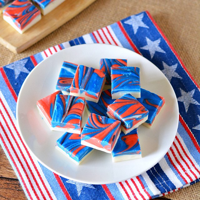 squares of Easy red white and blue Vanilla Fudge on a plate
