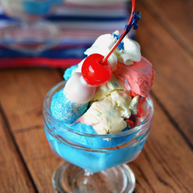 No Churn red white and blue Ice Cream with red white and blue Cherries