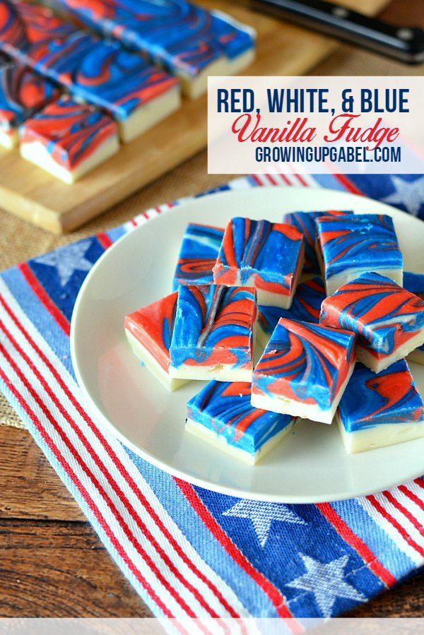 red, white and blue fudge on a plate