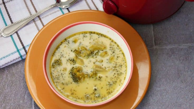 Broccoli and cheese soup made in a Crock Pot with fresh broccoli and real cheese.