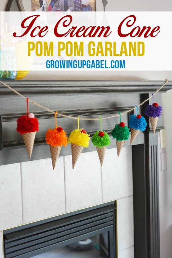 Make a colorful ice cream cone garland out of paper and yarn! Top each cone with cherry pom poms. These are great for a birthday, summer or just as a happy day decoration. 