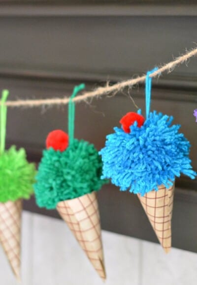Ice cream garland is easy to make with just yarn and paper for a birthday or summer decoration.