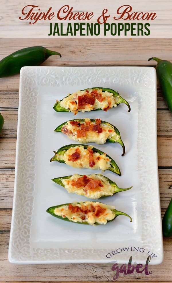 Stuffed jalapeno peppers made with ricotta, goat cheese, Parmesan cheese and bacon are a quick and easy way to make jalapeno poppers. Great for game day, tailgates, or parties, these low carb appetizers are a crowd favorite! 