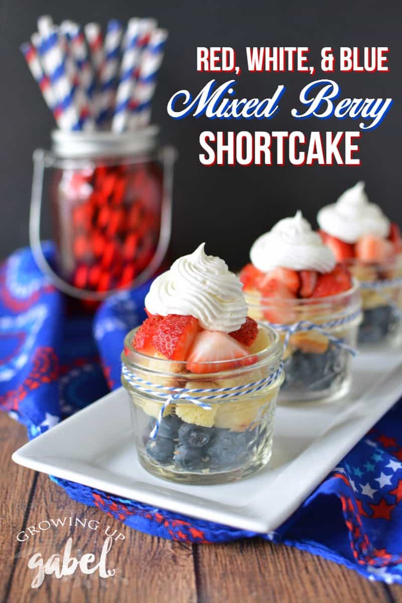 Easy and festive, red, white and blue mixed berry shortcake in jars made with fresh berries and frozen pound cake are a fun Fourth of July treat.