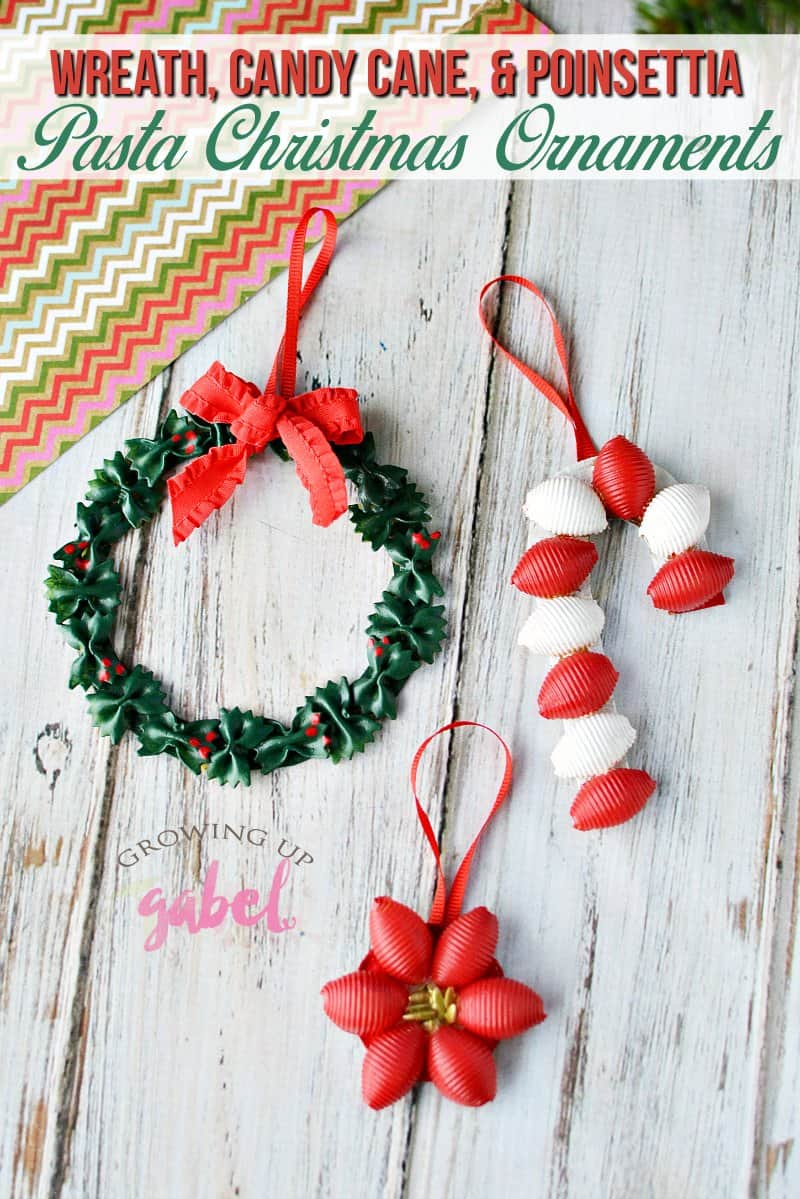 Click for the tutorial to make these fun and easy DIY pasta Christmas ornaments for your Christmas tree! Or use them as gift tags for gifts. Great for kids to make! #ChristmasOrnament #ChristmasCraft #DIYChristmasOrnament 
