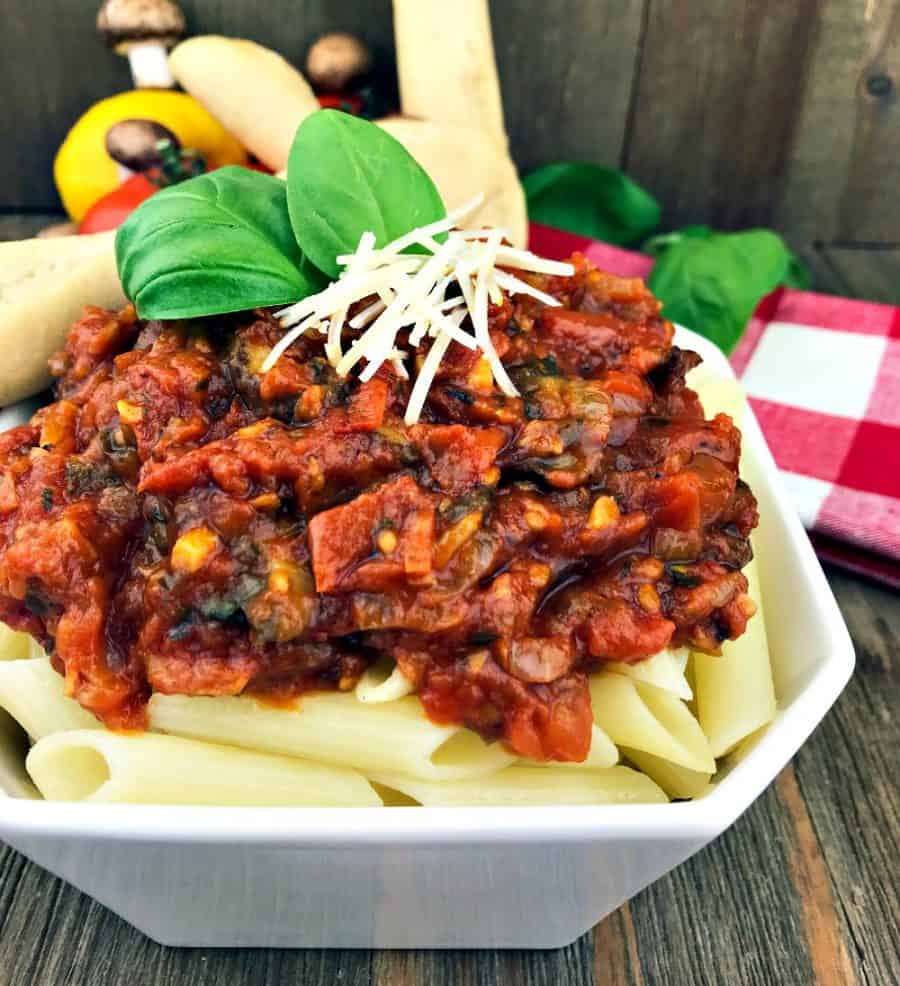 Homemade tomato pasta sauce on penne pasta