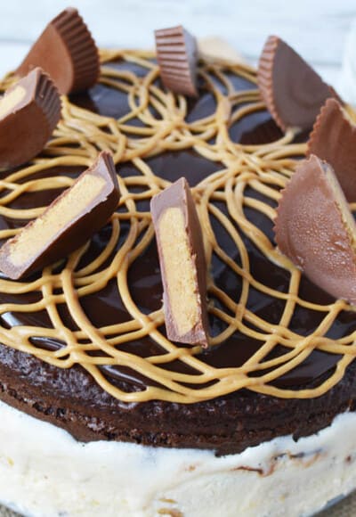 Chocolate peanut butter ice cream cake with peanut butter cups on top