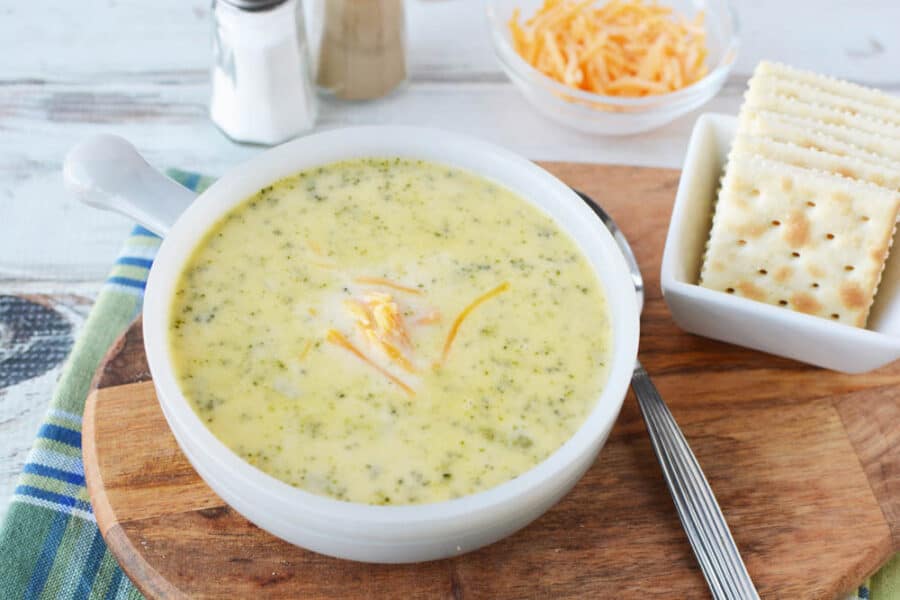 A bowl of Instant Pot broccoli cheese soup