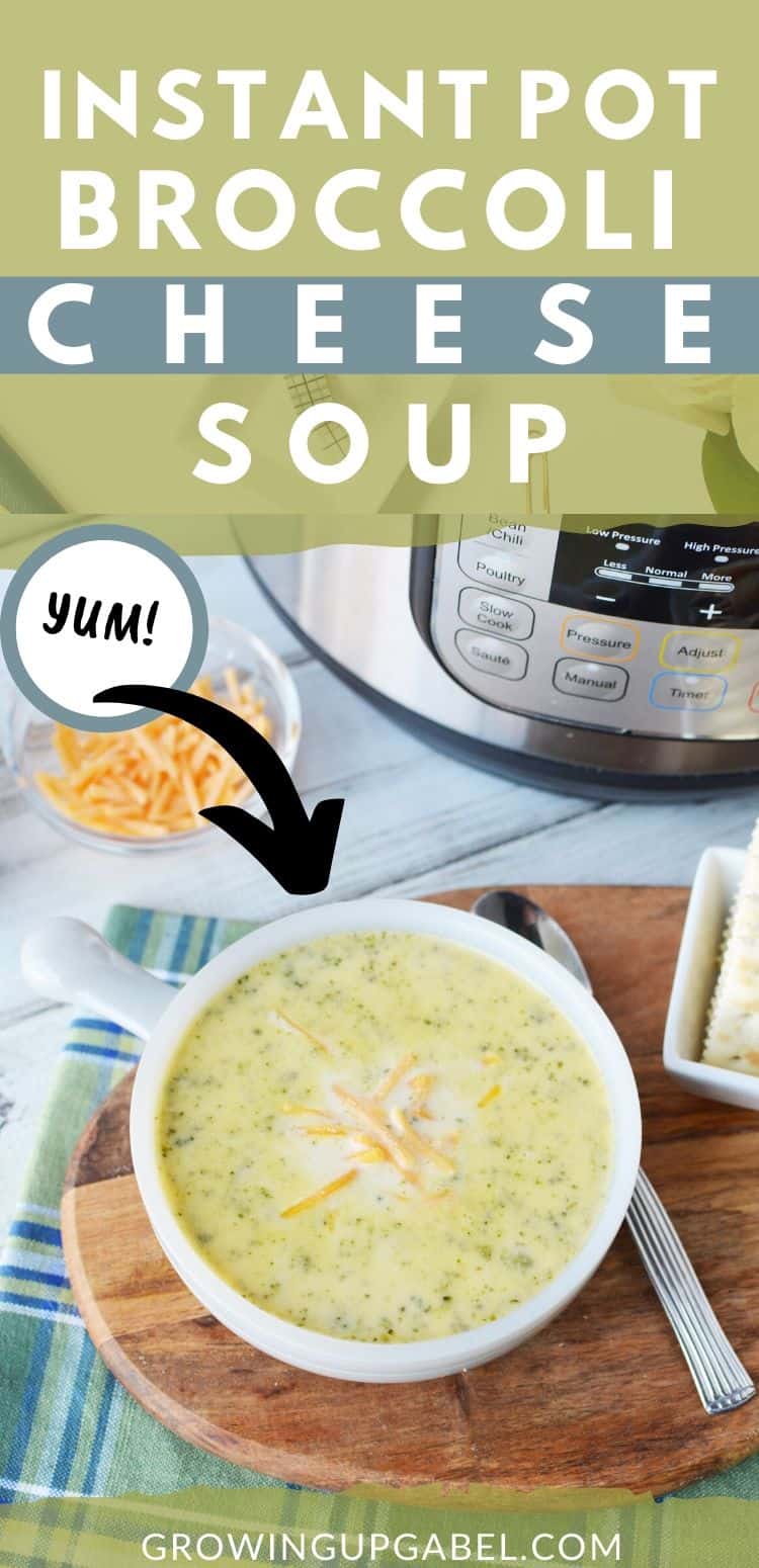 A bowl of broccoli cheese soup on a cutting board in front of an Instant Pot