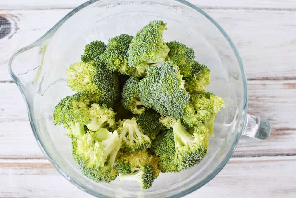 fresh chopped broccoli in mixing bowl