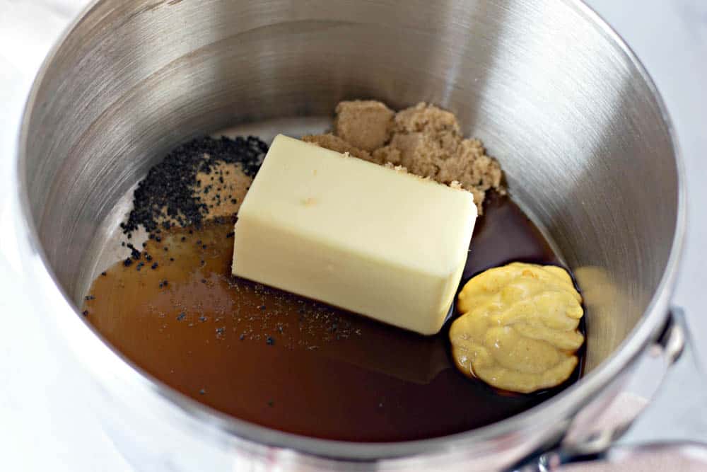 butter, sugar, mustard in pot