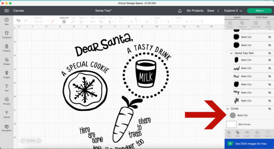 Santa Cookie Tray design in Design Space with circle hidden.