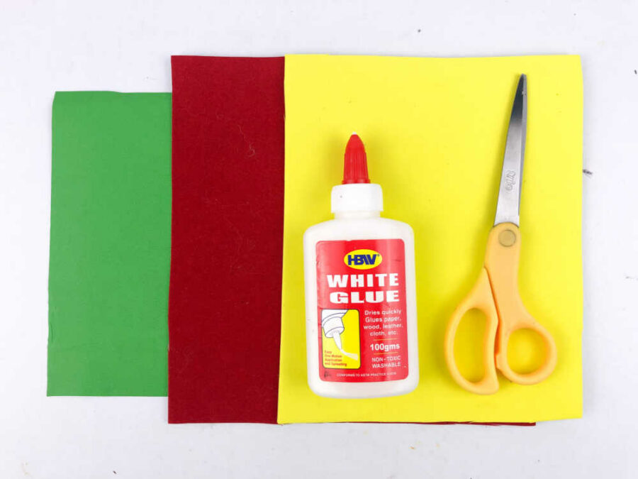 Green, red and yellow paper, glue and scissors