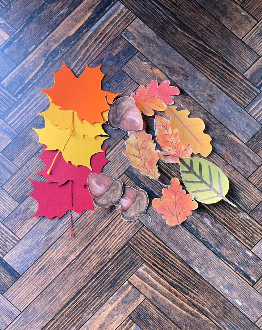 A pile of paper fall leaves on a table