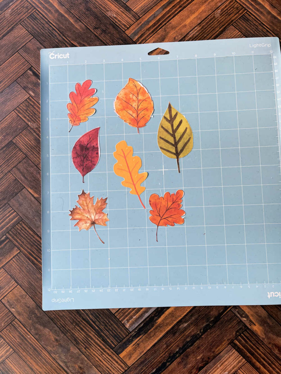Paper fall leaves on Cricut cutting mat