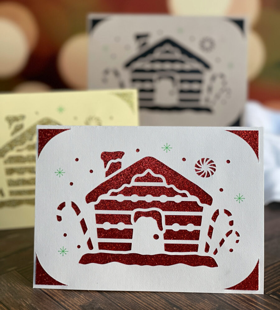 Red and white gingerbread house Christmas card