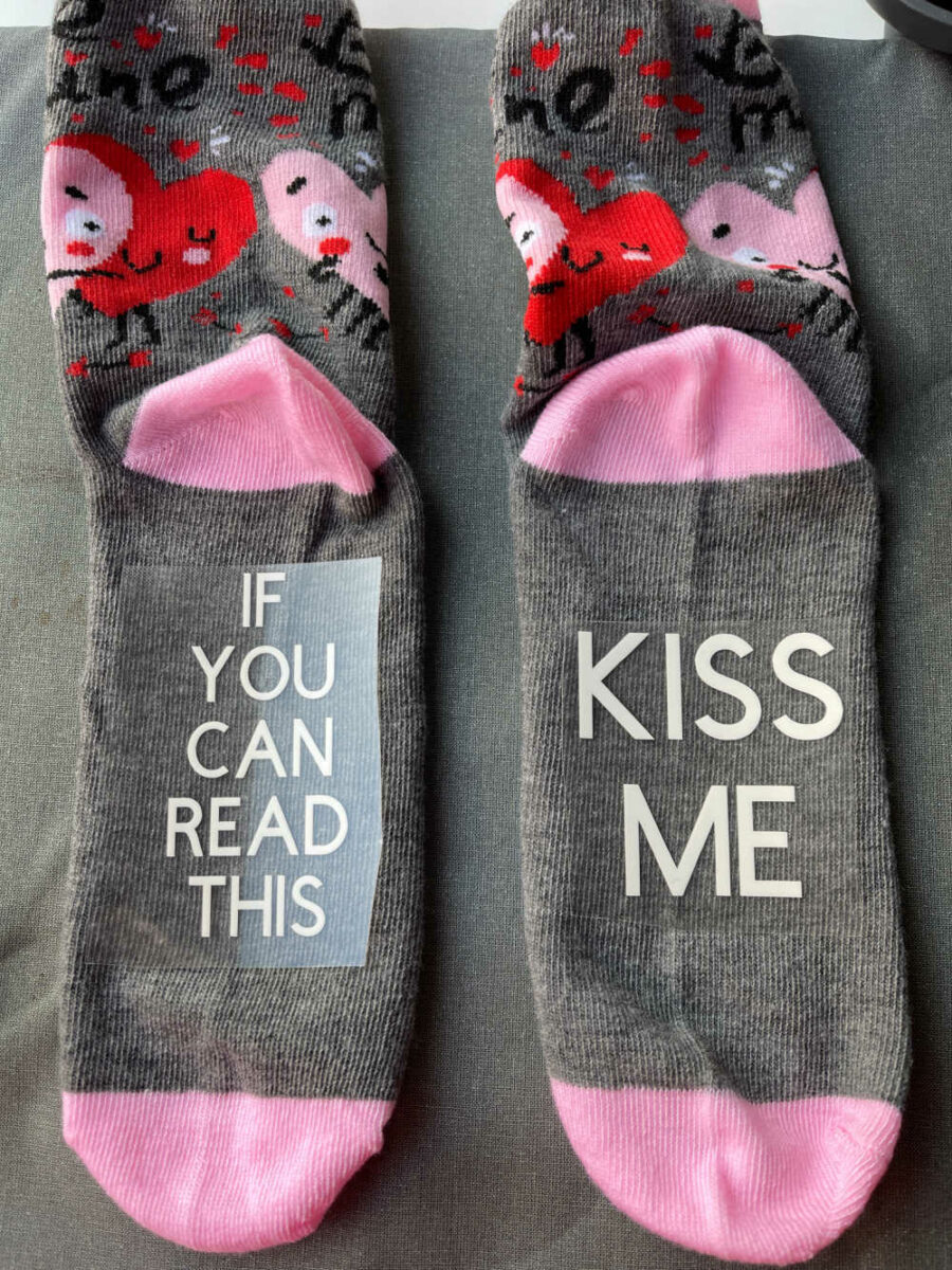Valentine's Day socks with saying on sole
