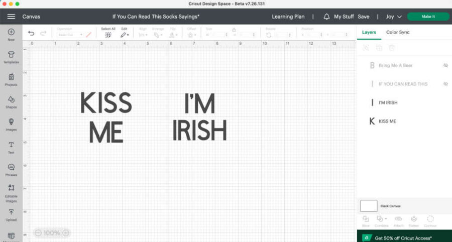 Kiss Me I'm Irish in Cricut Design Space