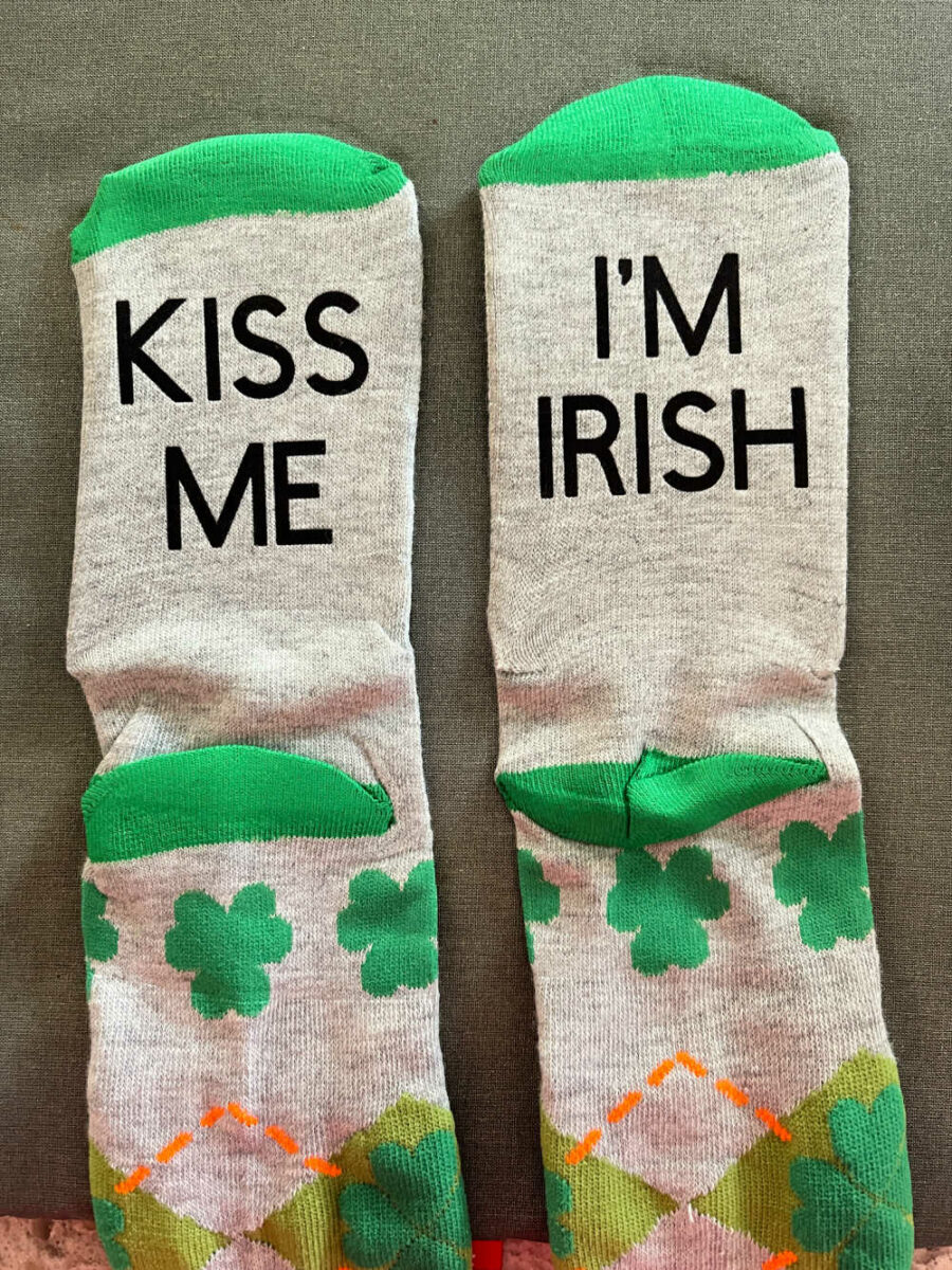 Kiss Me I'm Irish on bottom of St. Patrick's Day socks
