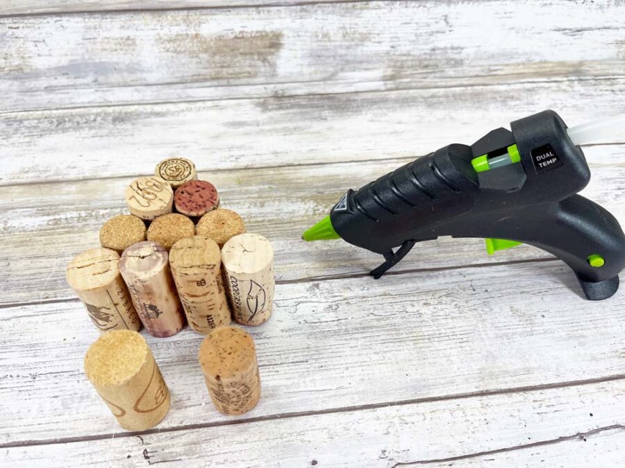 Wine corks in rows with a glue gun