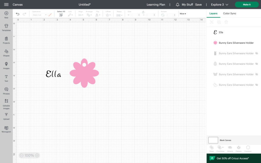 Pink flower and a name in Design Space