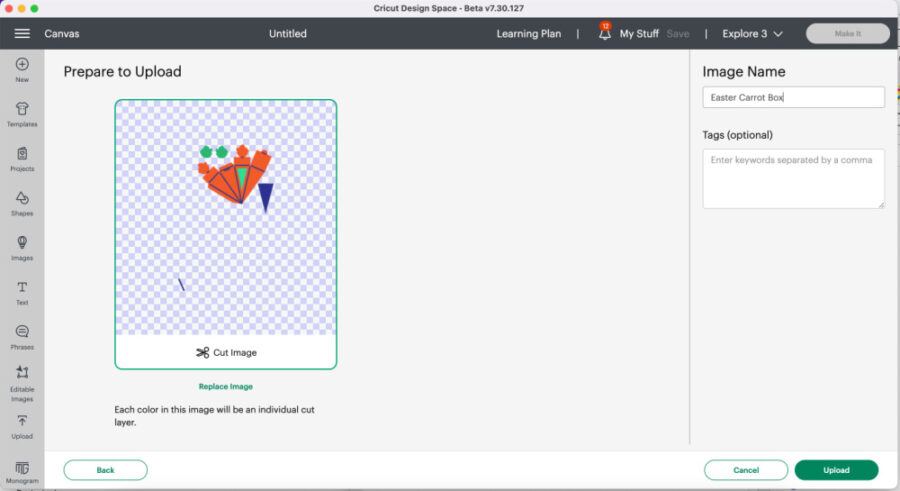 Uploading Carrot Box SVG to Design Space