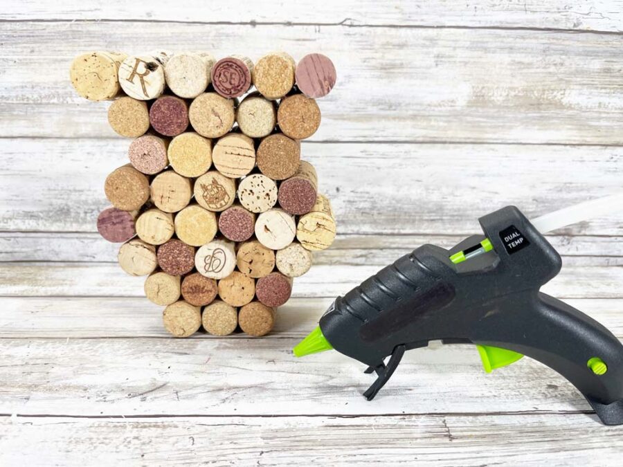 Wine corks glued together standing up with a glue gun