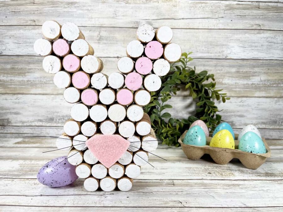 Wine cork Easter bunny with Easter eggs