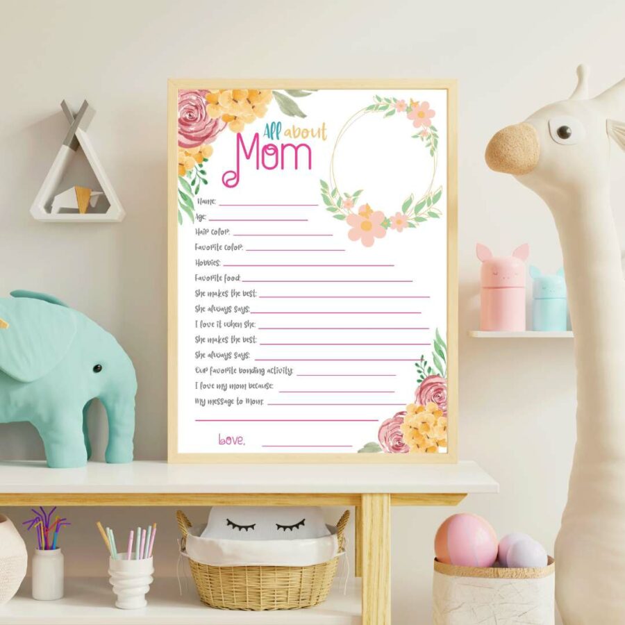 Printable Mother's Day Questionnaire in a frame in a nursery