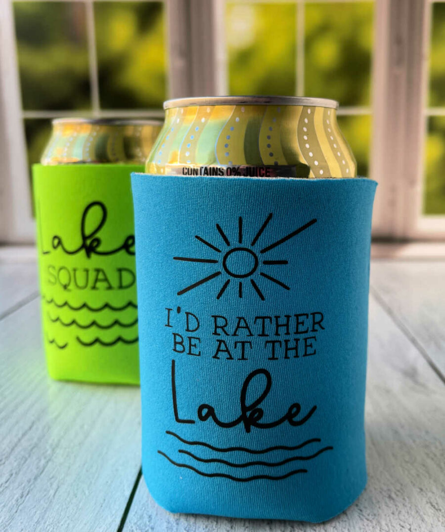 I'd Rather Be at the lake blue can koozie on a cane