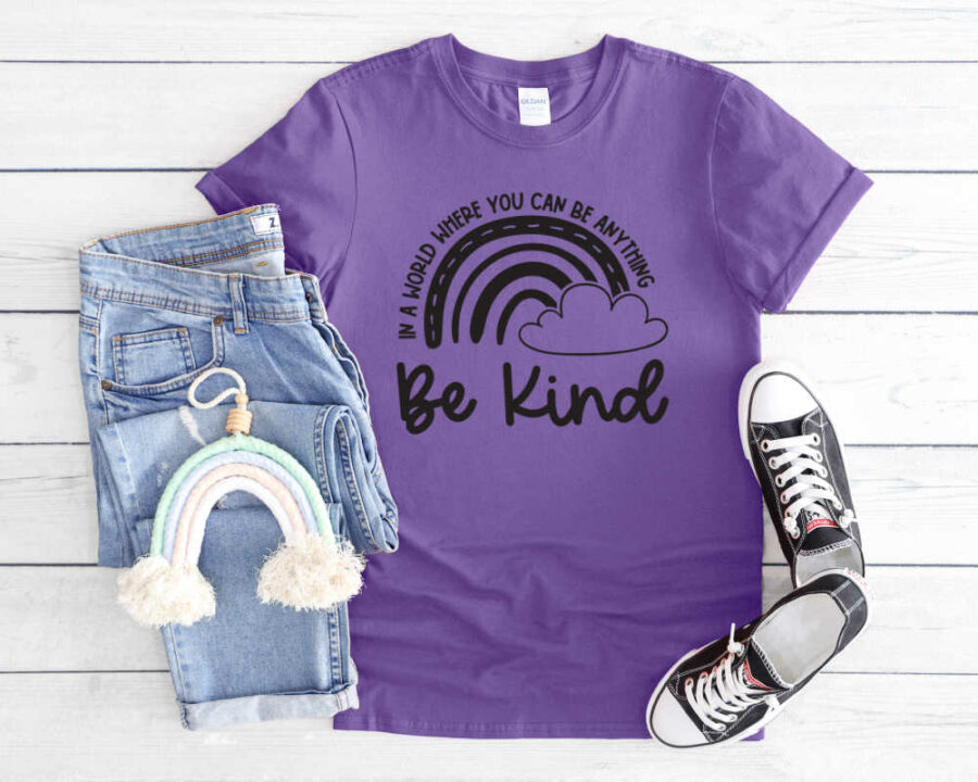 Be Kind SVG with rainbow on purple shirt