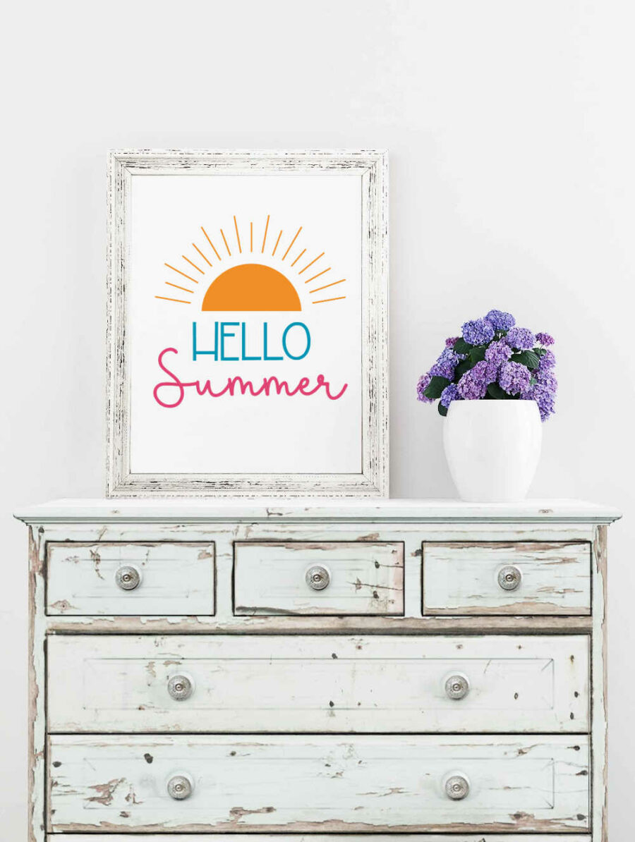 Hello Summer poster on a dresser