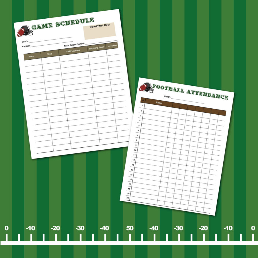 Game Schedule and Football attendance taker Football planner sheets