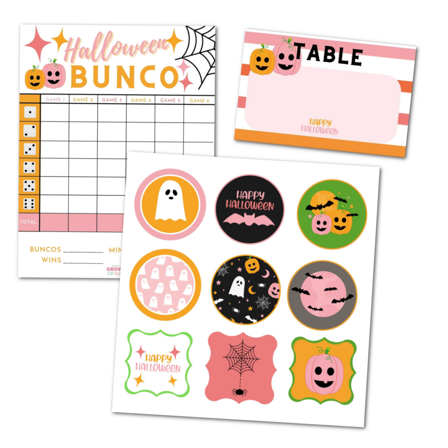 Halloween bunco scoresheet with a table card and stickers