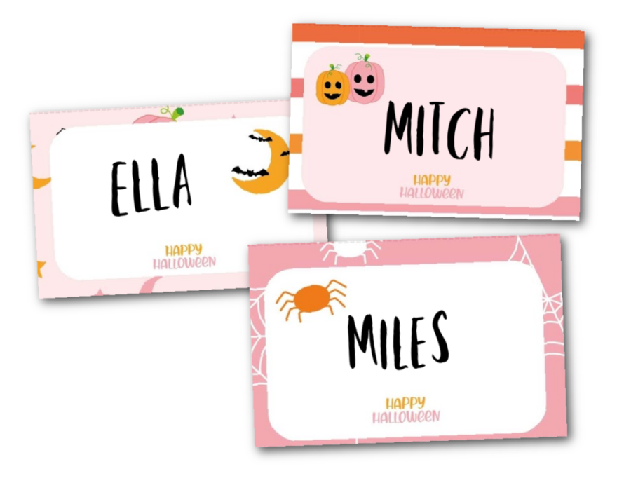 3 Halloween place cards saying Mitch, Ella, Miles